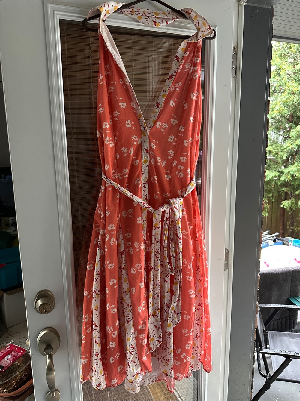 Maeve Coral Floral Backless Halter Dress